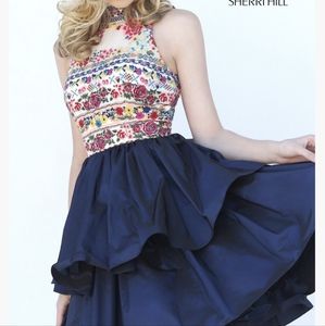 Embroidered open-backed halter dress by Sherri Hill